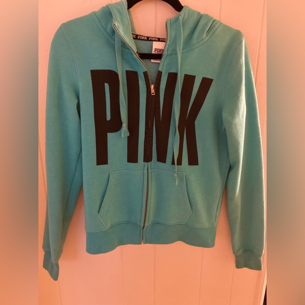 Victoria's Secret PINK Hooded Sweatshirt Women's XS Teal Blue Full Zip Hoodie